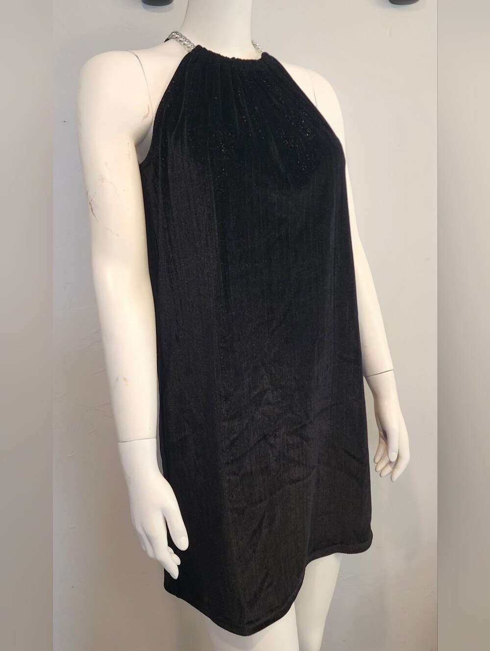 MICHAEL Michael Kors Black Silver Metallic shimmer Velour Halter Shift Dress XS